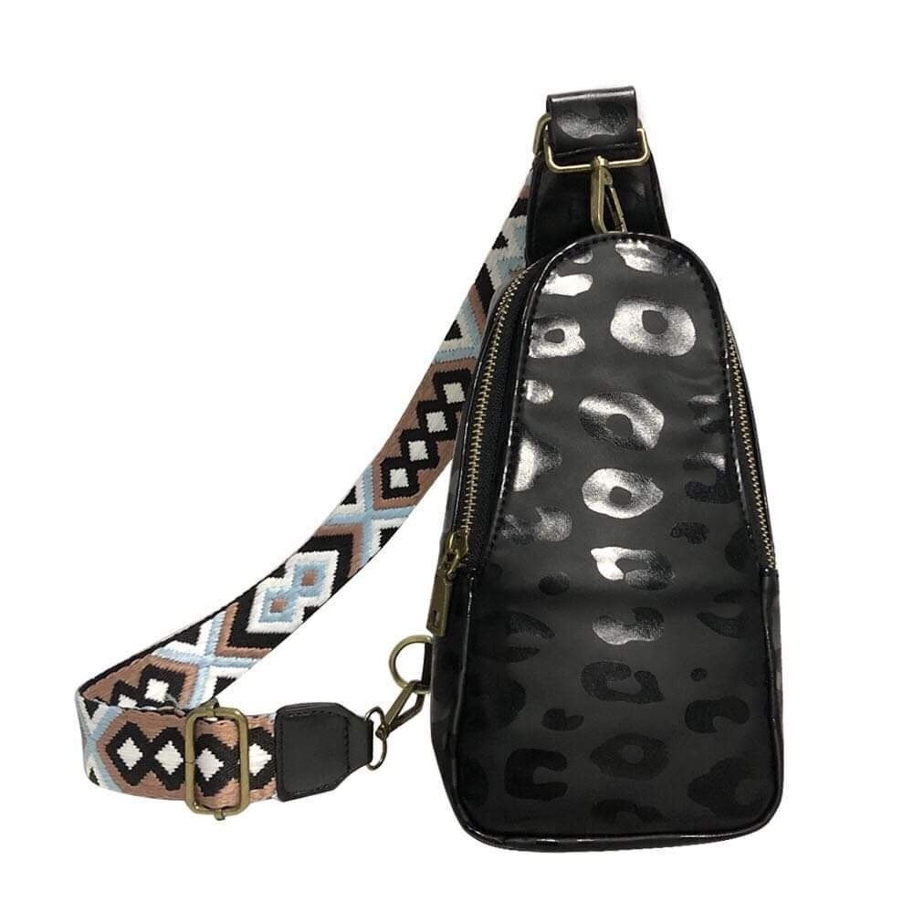 Black Silver Leopard Sling Bag Crossbody Purse Tribal Geometric Guitar Strap